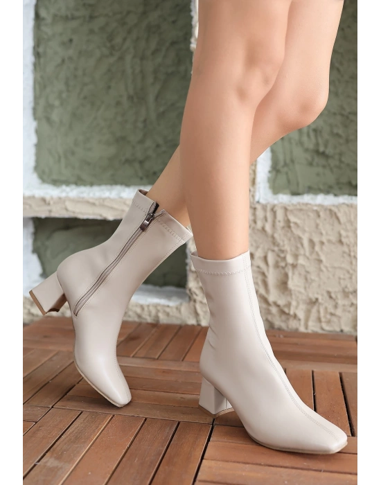 Birta Bej Cilt Streç Topuklu Kadın Bot