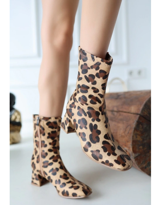 Birta Leopar Cilt Streç Topuklu Kadın Bot