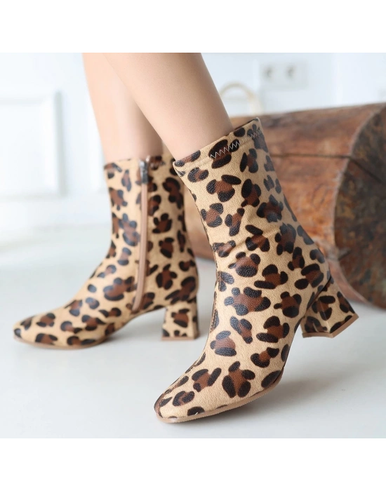 Birta Leopar Cilt Streç Topuklu Kadın Bot