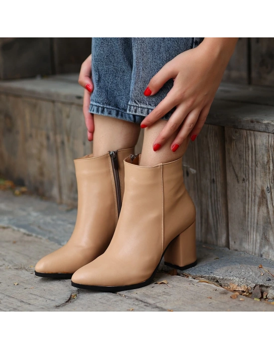 Biya Krem Cilt Topuklu Kadın Bot