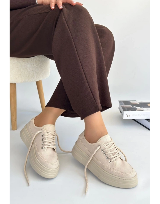 Carin Bej Keten Bağcıklı Kadın Spor Ayakkabı