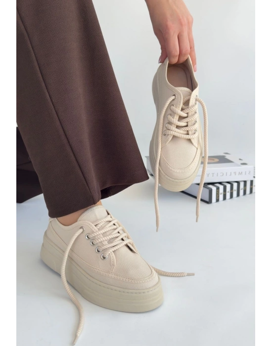 Carin Bej Keten Bağcıklı Kadın Spor Ayakkabı