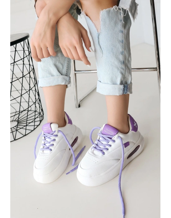 Chris Beyaz Cilt Lila Detaylı Bağcıklı Spor Ayakkabı