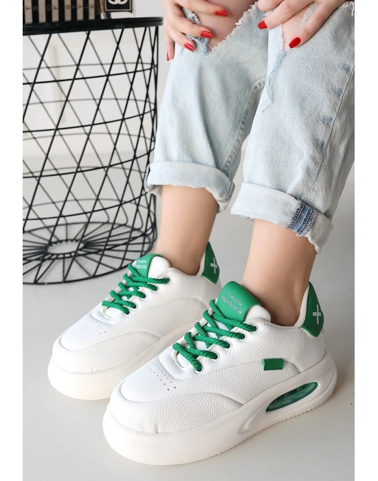 Chris Beyaz Cilt Yeşil Detaylı Bağcıklı Kadın Spor Ayakkabı