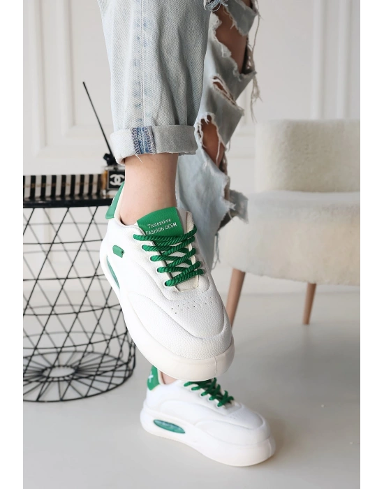 Chris Beyaz Cilt Yeşil Detaylı Bağcıklı Kadın Spor Ayakkabı