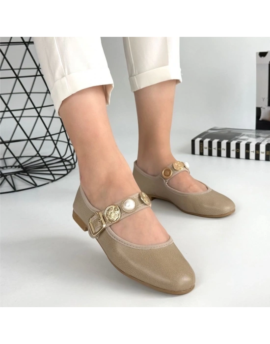 Copte Bej Cilt Ayakkabı Kadın Babet