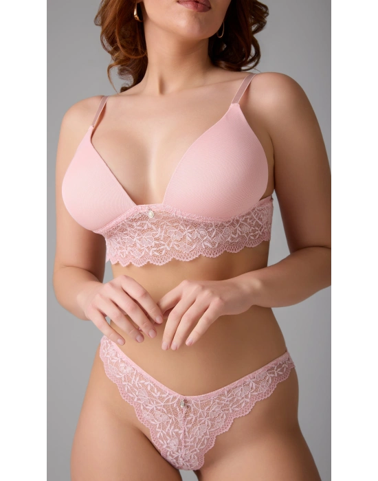 DANTEL DETAYLI BRALET SÜTYEN VE SLİP KÜLOT TAKIM PUDRA (MGP32371)