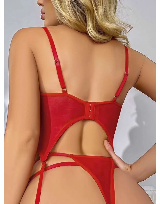Dantel Transparan Kırmızı Badysuit 4'lü Takım 2026
