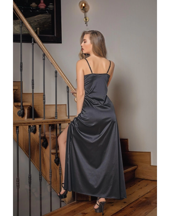 DANTELLİ UZUN YIRTMAÇLI SATEN GECELİK ELBİSE STRİNG TAKIM SİYAH (MGP31512)