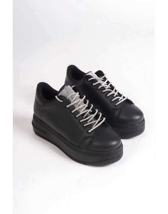 DELLA Bağcıklı Ortopedik Taban Taşlı Kadın Sneaker Spor Ayakkabı  CST - Siyah