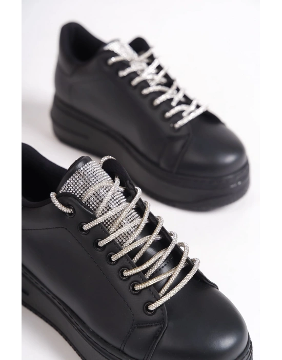 DELLA Bağcıklı Ortopedik Taban Taşlı Kadın Sneaker Spor Ayakkabı  CST - Siyah
