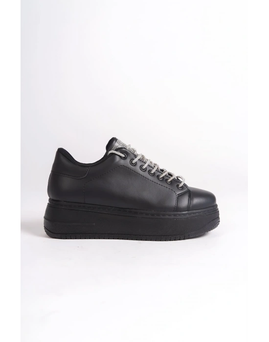 DELLA Bağcıklı Ortopedik Taban Taşlı Kadın Sneaker Spor Ayakkabı  CST - Siyah