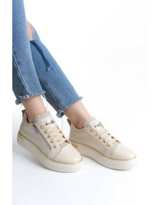 DINA Bağcıklı Fermuarlı Ortopedik Taban Kadın Sneaker Spor Ayakkabı  CKT - Krem/Altın