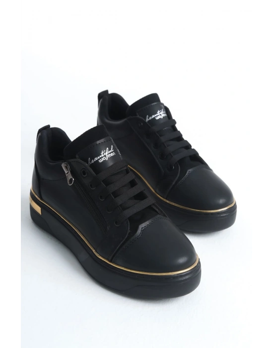 DINA Bağcıklı Fermuarlı Ortopedik Taban Kadın Sneaker Spor Ayakkabı  CST - Siyah/Altın