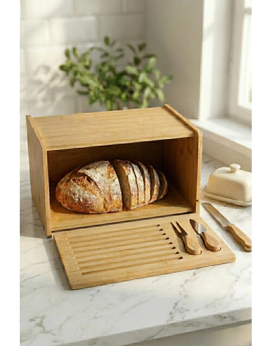 Doğal Bambu Kapaklı Ekmek Kutusu & Doğal Bambu Ekmek Dolabı (23x38x20 cm)