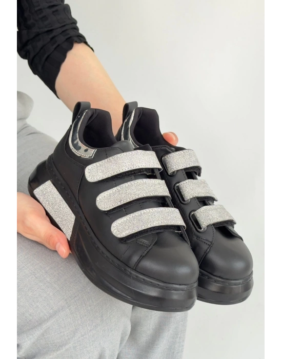 Elika Siyah Cilt Simli Cırt Cırtlı Kadın Spor Ayakkabı