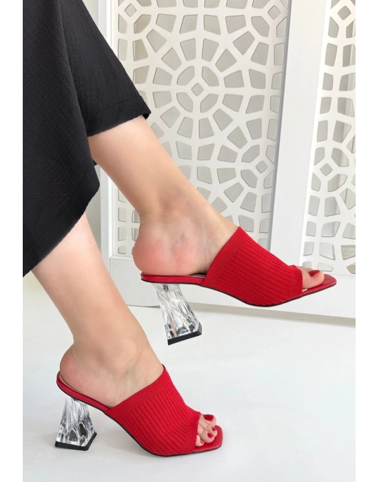 Evra Kırmızı Triko Topuklu Kadın Terlik