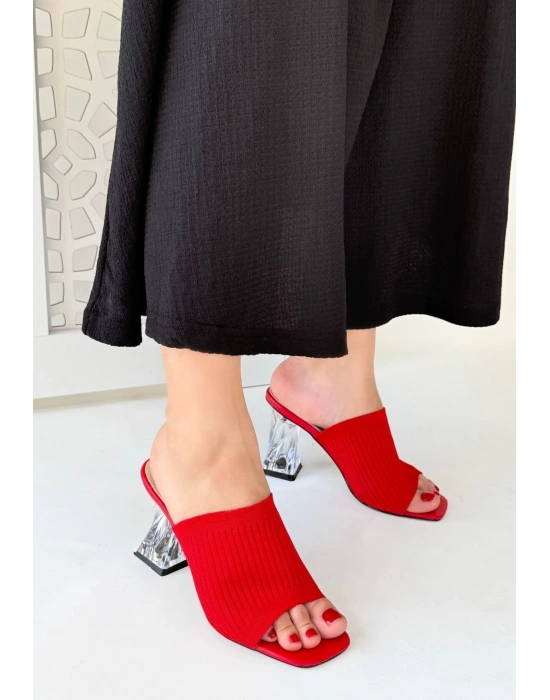 Evra Kırmızı Triko Topuklu Kadın Terlik