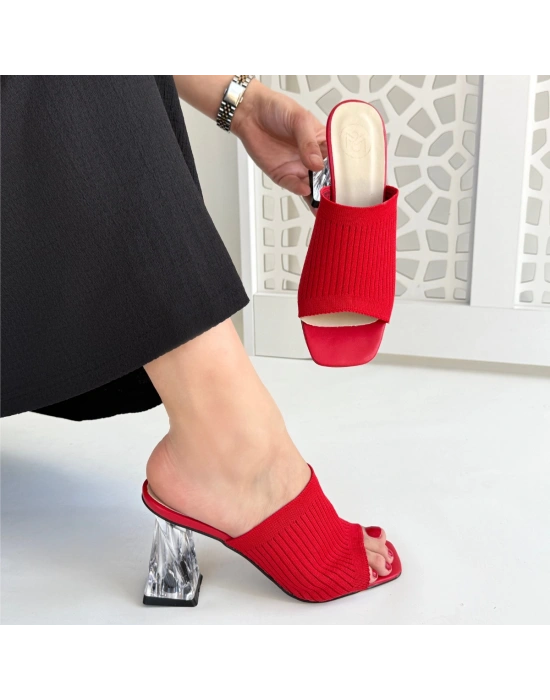 Evra Kırmızı Triko Topuklu Kadın Terlik