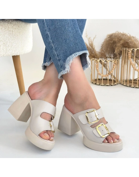 Frend Bej Cilt Doldu Topuklu Kadın Terlik