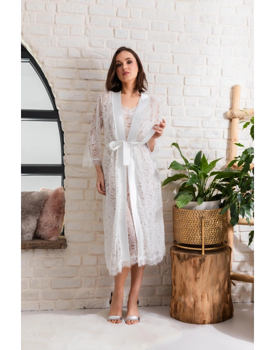 GELİN SET TRANSPARAN MİDİ BOY KUŞAKLI SABAHLIK EKRU (MGP12176)