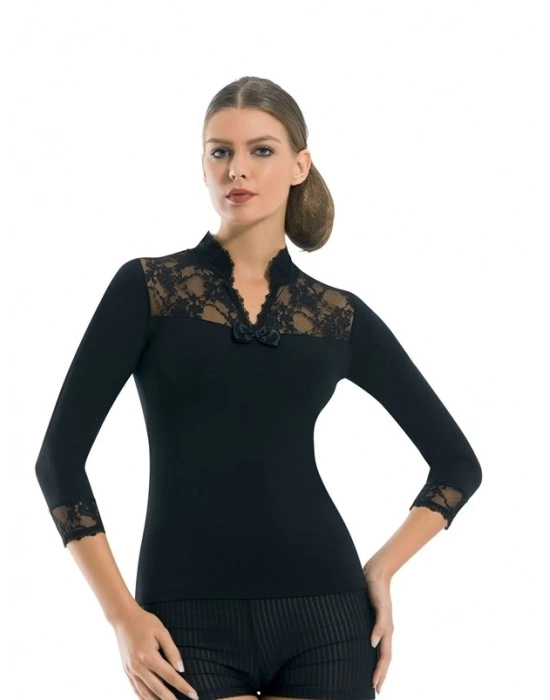 Geniş Dantelli Patlı Uzun Kollu Elestan Bluz 2176