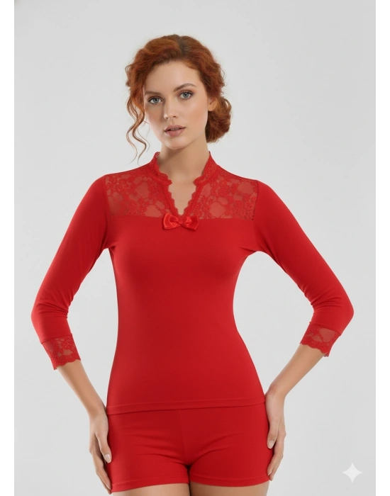 Geniş Dantelli Patlı Uzun Kollu Elestan Bluz 2176