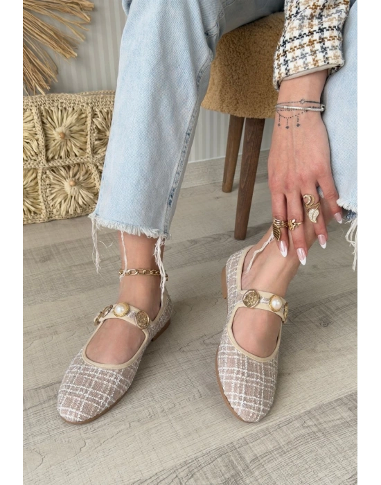 Hante Bej Keten Taşlı Ayakkabı Kadın Babet