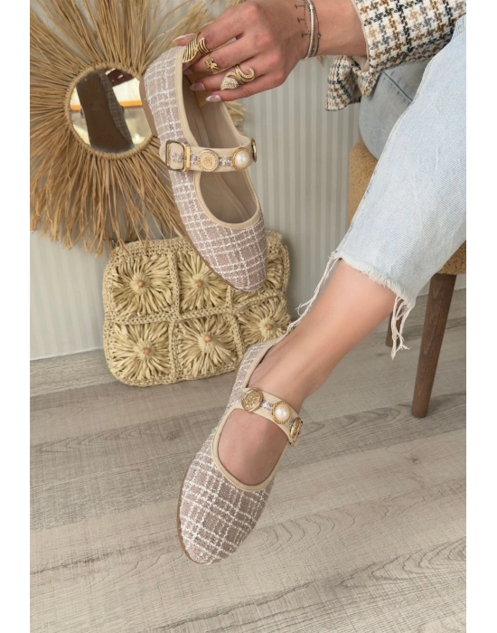 Hante Bej Keten Taşlı Ayakkabı Kadın Babet