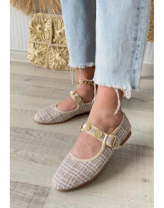 Hante Bej Keten Taşlı Ayakkabı Kadın Babet