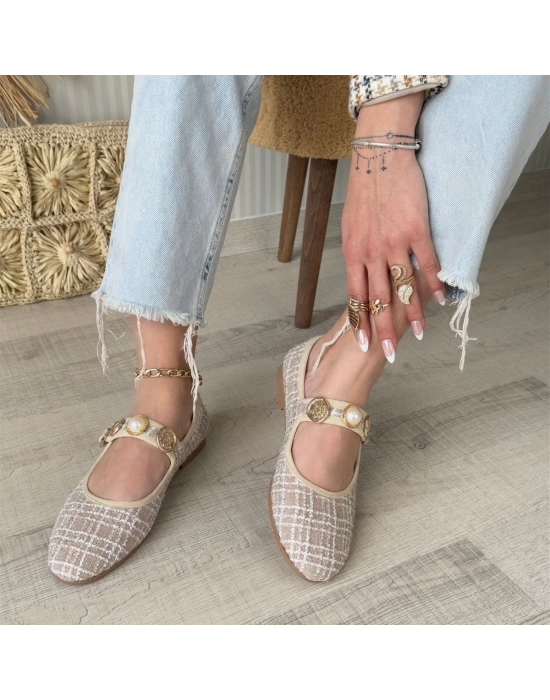 Hante Bej Keten Taşlı Ayakkabı Kadın Babet