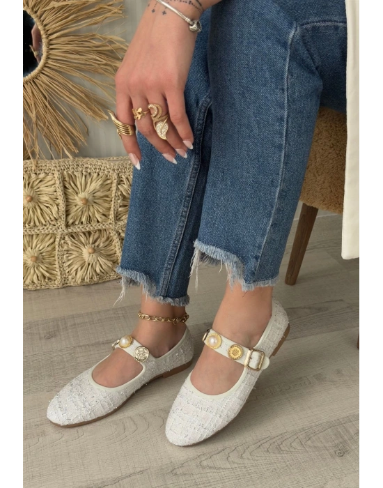 Hante Beyaz Keten Taşlı Ayakkabı Kadın Babet