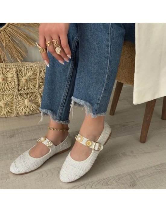 Hante Beyaz Keten Taşlı Ayakkabı Kadın Babet