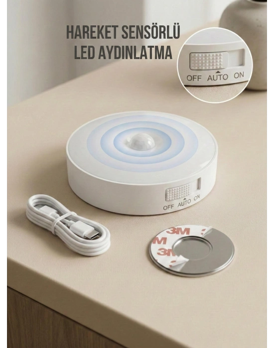 Hareket Sensörlü Yuvarlak LED Aydınlatma & USB Şarjlı Pratik Gece Lambası (8 cm)