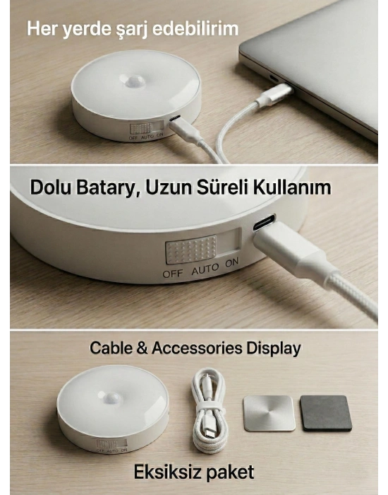 Hareket Sensörlü Yuvarlak LED Aydınlatma & USB Şarjlı Pratik Gece Lambası (8 cm)