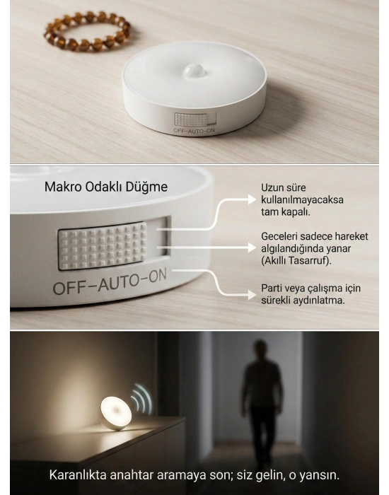 Hareket Sensörlü Yuvarlak LED Aydınlatma & USB Şarjlı Pratik Gece Lambası (8 cm)
