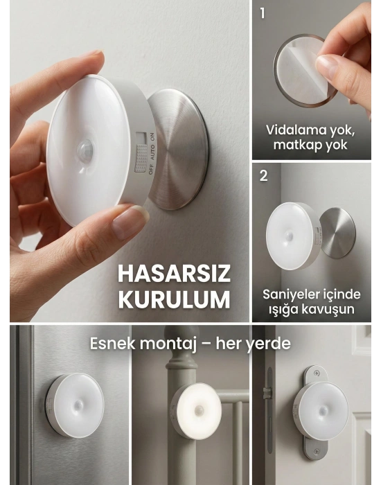 Hareket Sensörlü Yuvarlak LED Aydınlatma & USB Şarjlı Pratik Gece Lambası (8 cm)