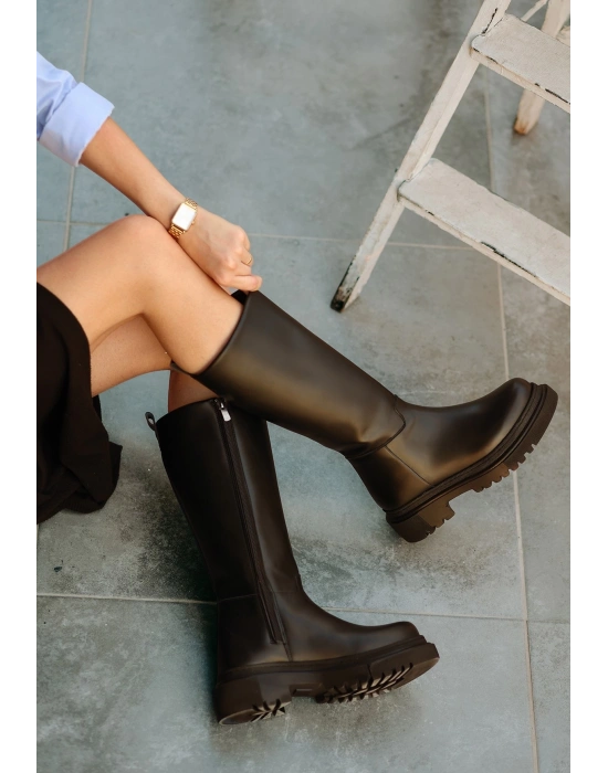 Idax Siyah Cilt Topuklu Kadın Çizme