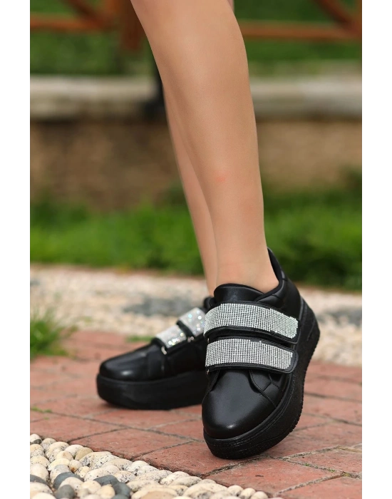 Jarxi Siyah Cilt Cırt Cırtlı Kadın Spor Ayakkabı