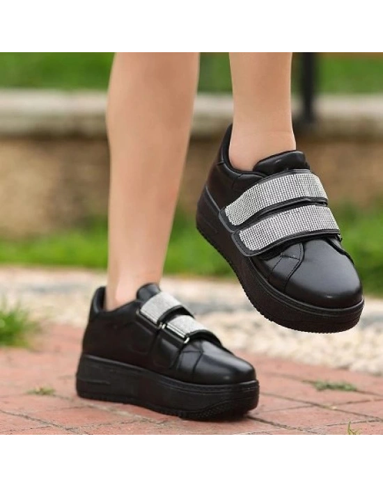 Jarxi Siyah Cilt Cırt Cırtlı Kadın Spor Ayakkabı