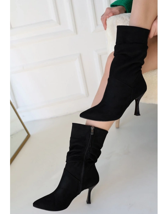 Jeria Siyah Süet Topuklu Kadın Çizme