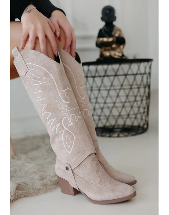 Jilla Bej Süet Tak Çıkar Topuklu Bot Ve Kadın Çizme