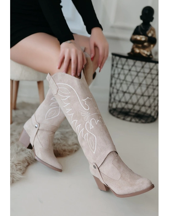 Jilla Bej Süet Tak Çıkar Topuklu Bot Ve Kadın Çizme