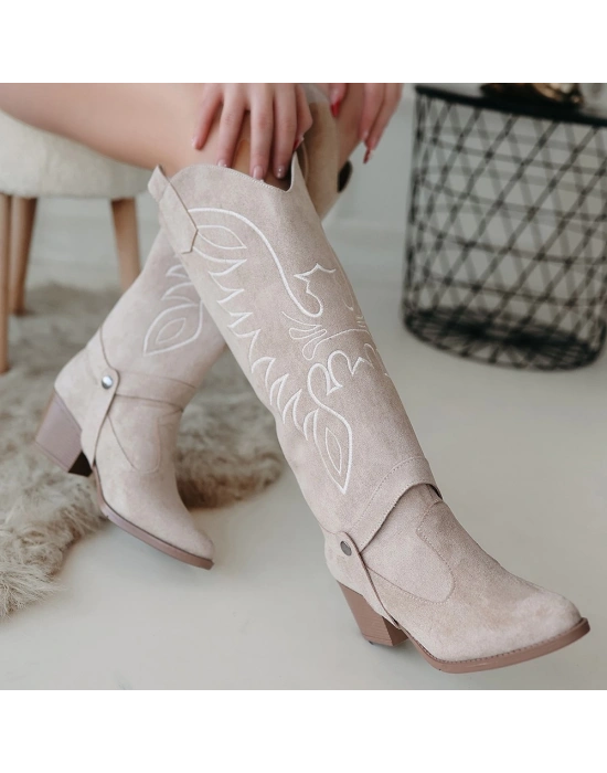 Jilla Bej Süet Tak Çıkar Topuklu Bot Ve Kadın Çizme