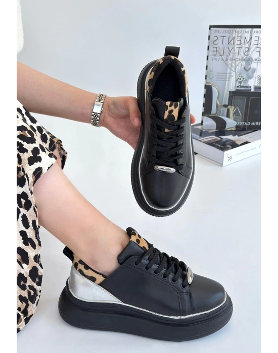 Jista Siyah Cilt Gümüş Detaylı Bağcıklı Kadın Spor Ayakkabı