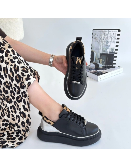 Jista Siyah Cilt Gümüş Detaylı Bağcıklı Kadın Spor Ayakkabı