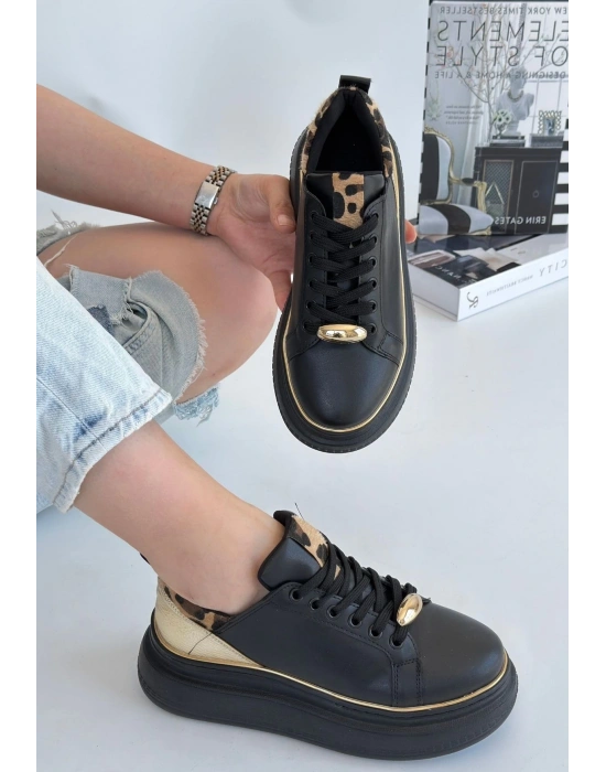 Jista Siyah Cilt Sarı Detaylı Bağcıklı Kadın Spor Ayakkabı