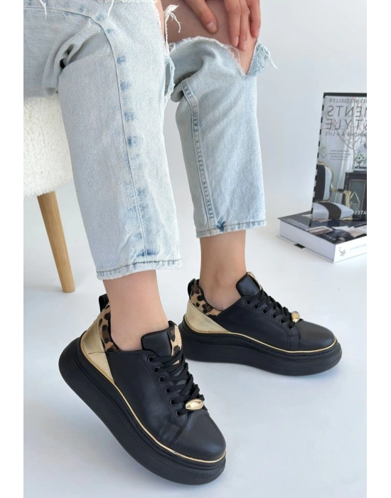 Jista Siyah Cilt Sarı Detaylı Bağcıklı Kadın Spor Ayakkabı