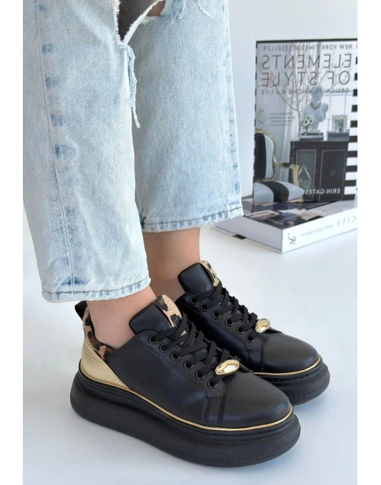 Jista Siyah Cilt Sarı Detaylı Bağcıklı Kadın Spor Ayakkabı