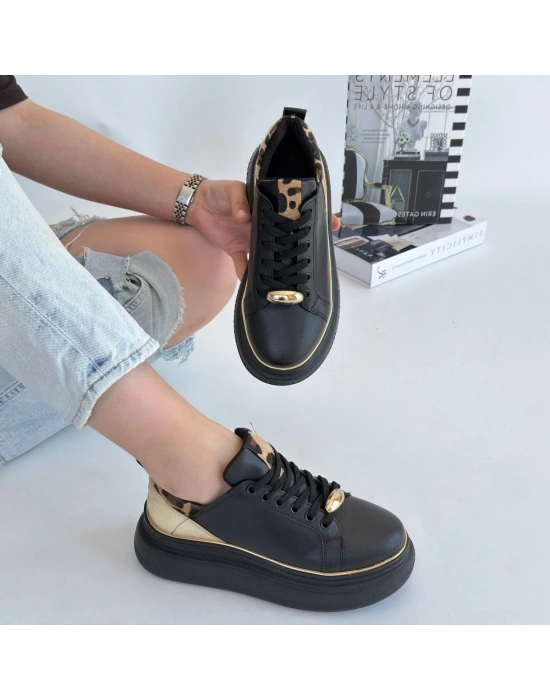 Jista Siyah Cilt Sarı Detaylı Bağcıklı Kadın Spor Ayakkabı